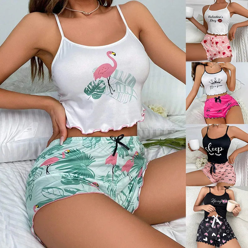 style pajamas women's sleeveless camisole shorts suit milk silk home wear
