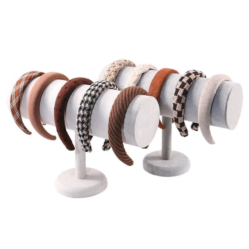 Velvet Jewelry Display Stand Headband Holder Fashion Accessory Showcase Elegant Wooden Cylinder Structure Portable Design