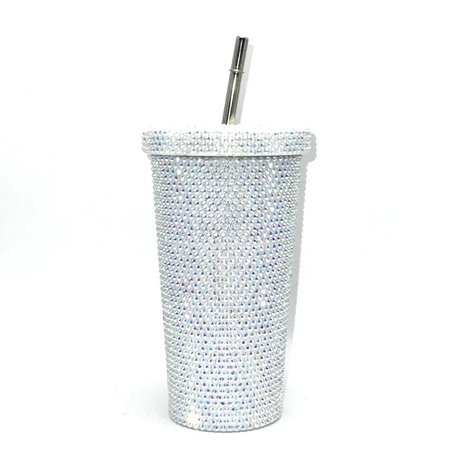 New Diamond-encrusted Insulated Water Cup Double-layer Diamond Tapered Straw Cup Beverage Cup Drinking Cup