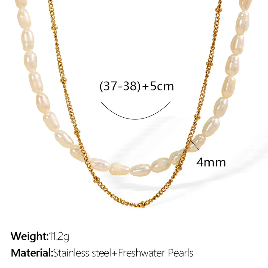 304 Stainless Steel Freshwater Pearl Ion Plating (IP) Beaded Chain cable chain Polishing Plating Geometric Double Layer Necklaces