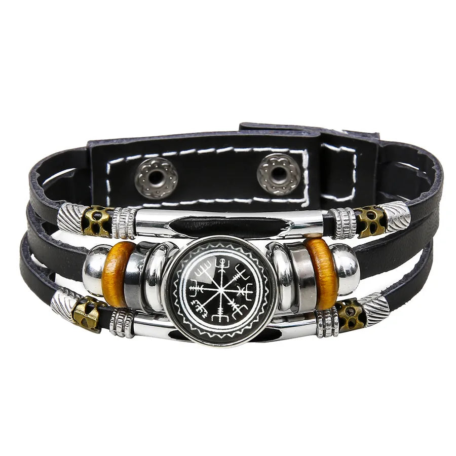 Hot Sale Viking Pirate Compass Pattern Leather Bracelet   Retro Multi-Layer Beaded Bracelet