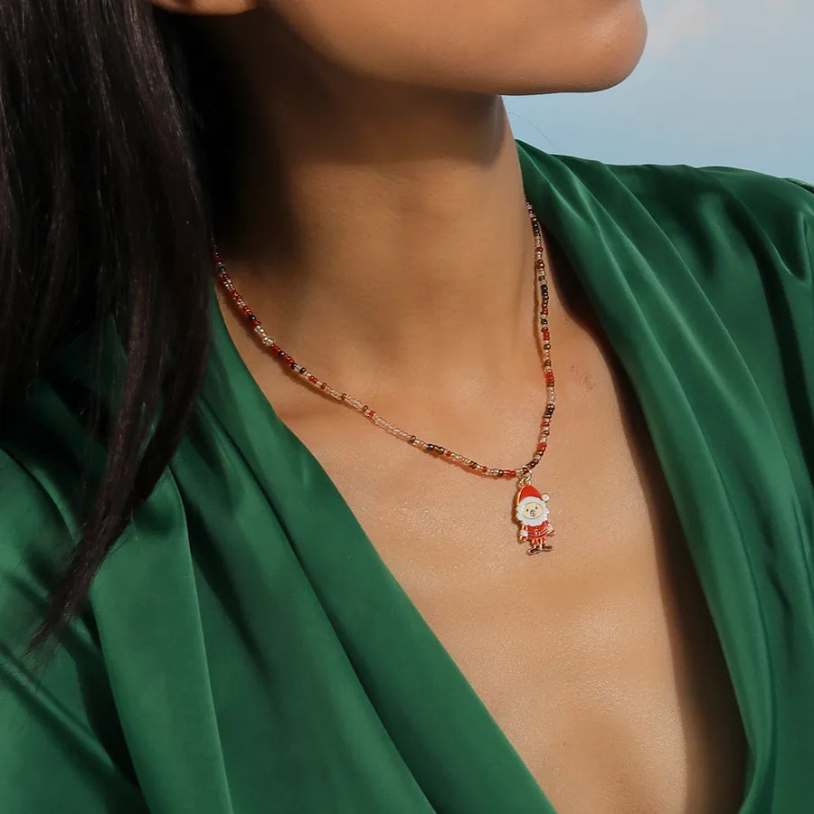 Cute Santa Claus Glass Pendant Necklaces Christmas Wholesale