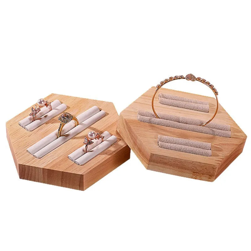 Wooden Jewelry Display Stand Ring Holder Shop Window Props Stall Selling Hexagonal Pattern Real Wood Craft Academic Style