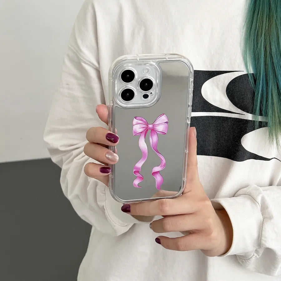 Delicate Mirror Apple Protective Case Pink Butterfly Bow Decorative Practical Makeup Mirror Precise Hole Location Sweet Girl Essential