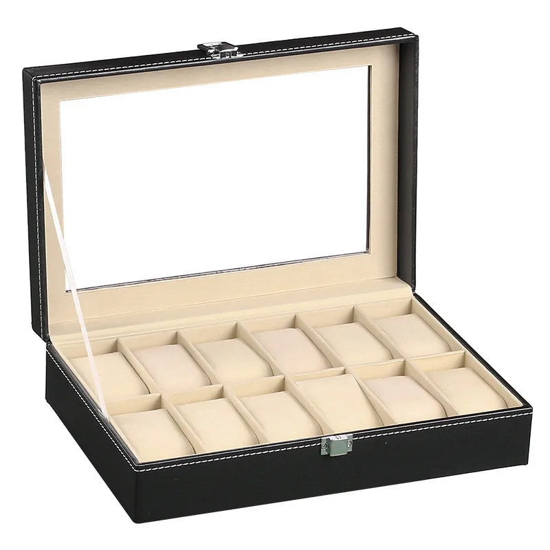 in stock Wholesale Watch Box 6 Bit 12 Bit Watch Storage Box PU Leather Transparent Window Watch Storage Box