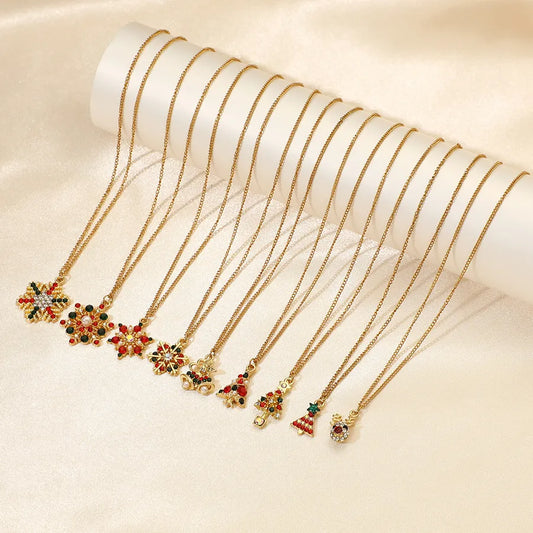 Christmas Decorations Alloy Pendant Necklace Set Colorful Diamond Embedded Christmas Tree Snowflake Design European Style Jewelry Accessories