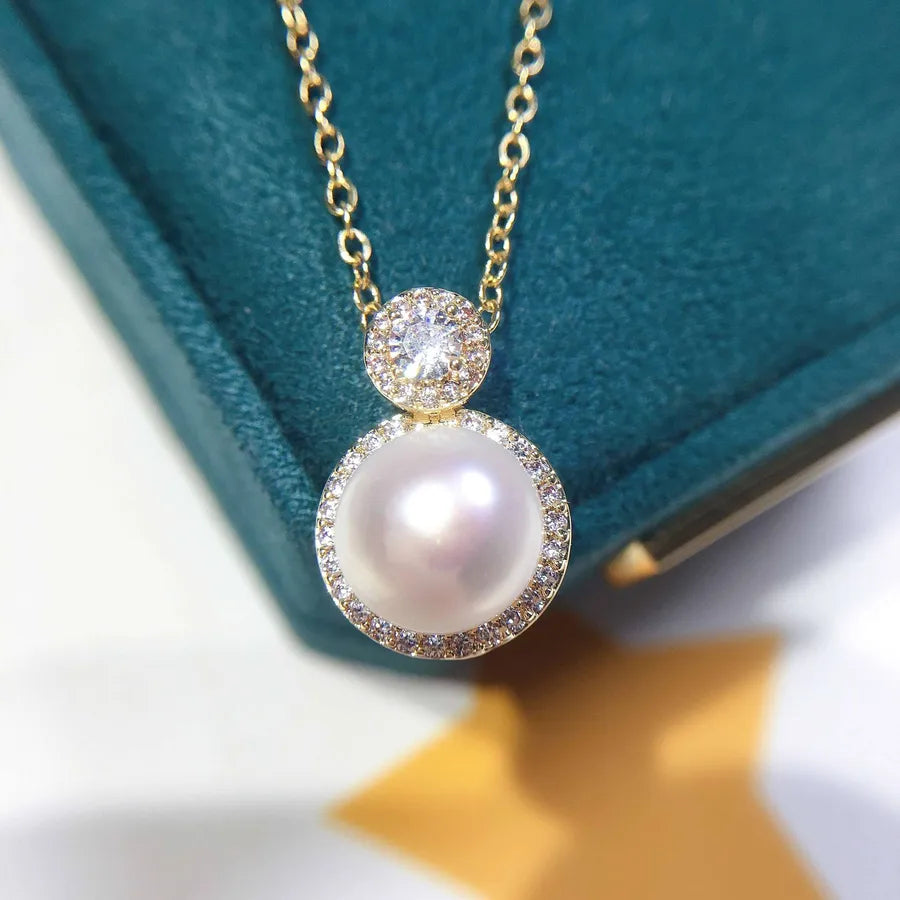 New Boutique 18K Gold Craft Princess Zircon Natural Freshwater Pearl Necklace Round Pearl Pendant