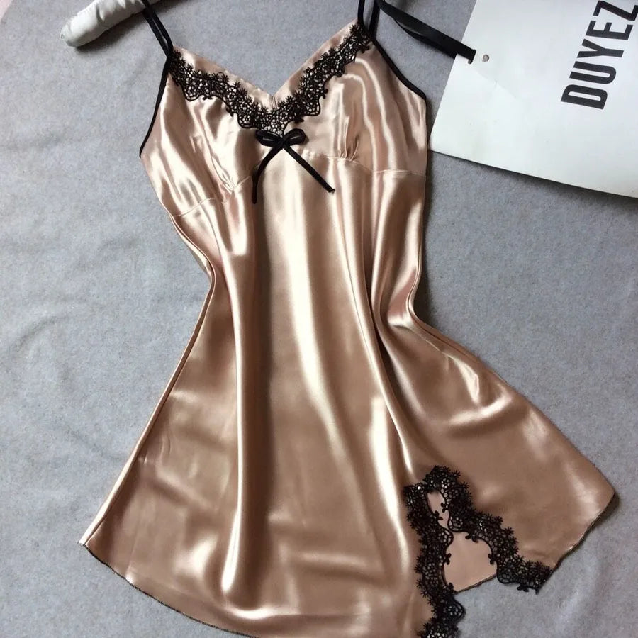 Summer silk-like Ladies sling nightgown sexy V-neck spinning satin pajamas home clothes wholesale agent
