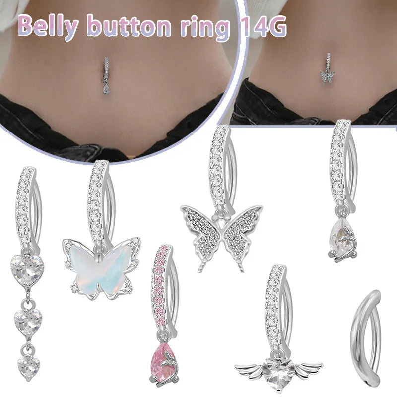 1 Piece Belly Rings Retro Punk Commute Heart Shape Wings Butterfly 316 Stainless Steel  Alloy Inlay Resin Rhinestones Glass White Gold Plated