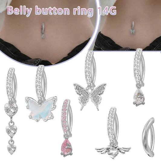 1 Piece Belly Rings Retro Punk Commute Heart Shape Wings Butterfly 316 Stainless Steel  Alloy Inlay Resin Rhinestones Glass White Gold Plated
