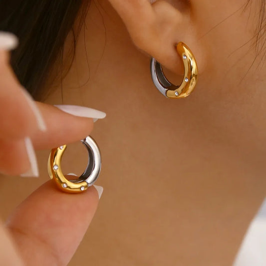 2 Pieces Elegant Lady Round 304 Stainless Steel Zircon 18K Gold Plated Earrings