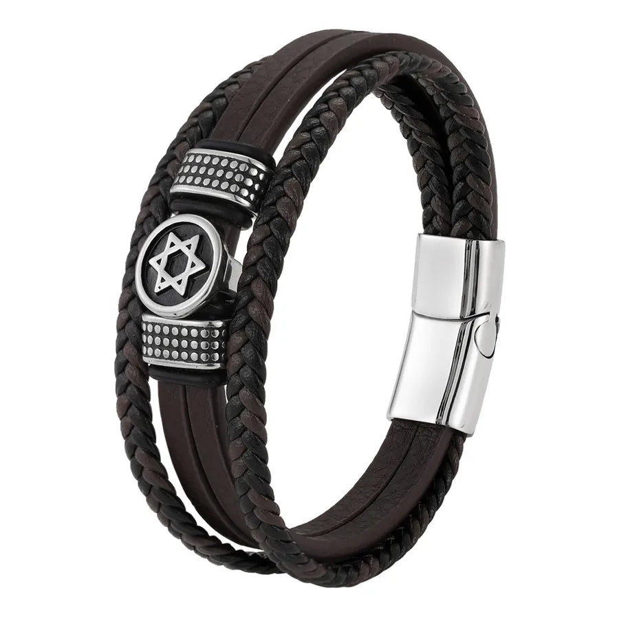 Retro Hexagram Geometric Pu Leather Titanium Steel Woven Chain Wrap Bracelets Wholesale