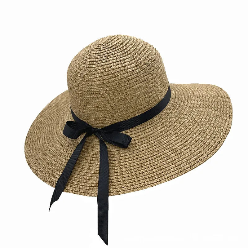 women's vacation solid color bowknot big eaves straw hat