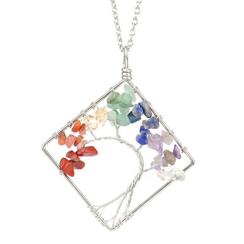 fashion square tree natural stone crystal metal beaded hollow out pendant necklace 1 piece