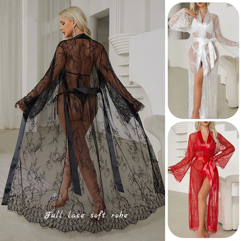 Sexy Lace Trim See Through Robe Women's Outerwear Nightgown Home Clothes V Neck Summer Spring Autumn Casual Breathable Polyester