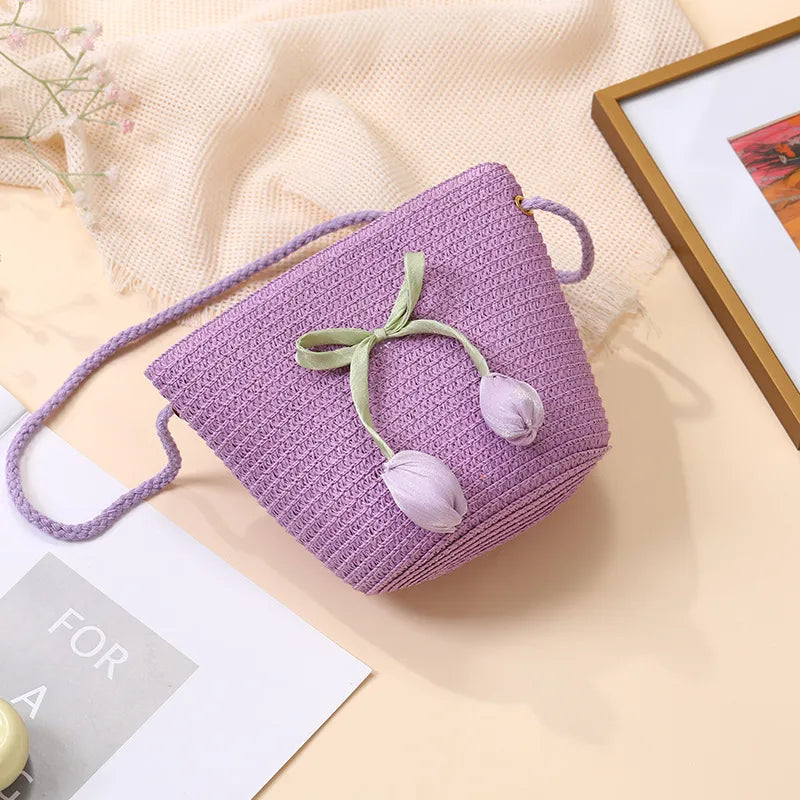 Summer Beach Seaside Tulip Straw Woven Bag  New Children Flower Straw Bag Mobile Phone Crossbody Bag