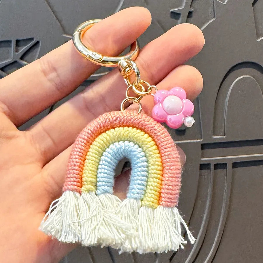 Cute Metal Keychain Pendant Beaded Bookbag Girl's Bag Charm  Style Cartoon Design Half Handmade Flower