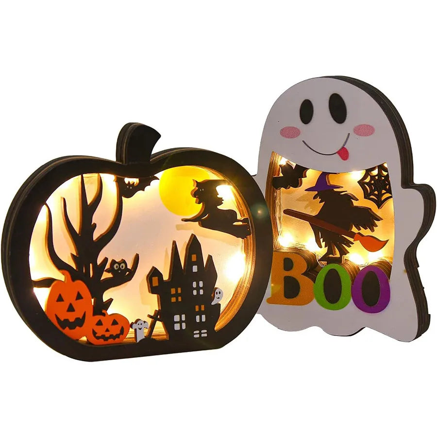 Wooden Glowing Pumpkin Lanterns Halloween Decorations Tabletop Accessories Party Centerpiece Simple Style Yellow Pine Wood