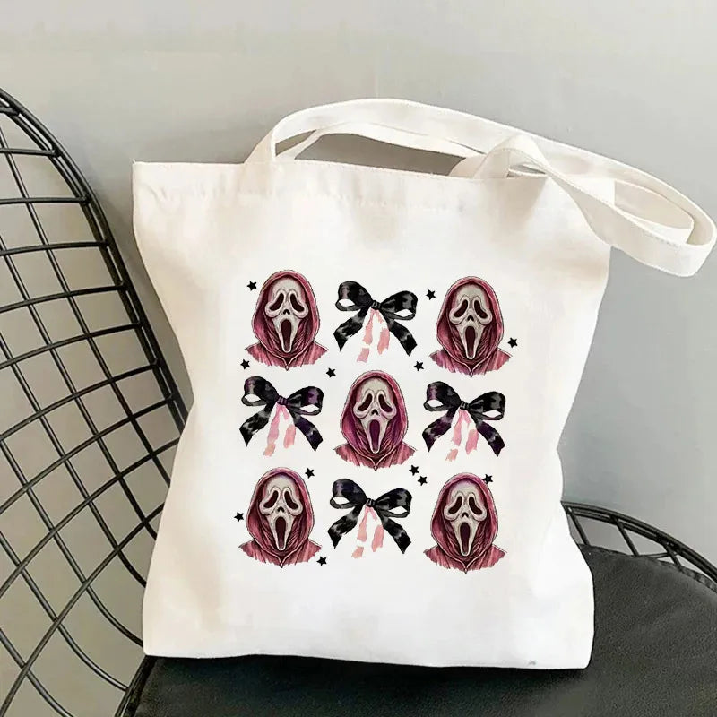 Halloween Print Canvas Tote Bag Single Shoulder Foldable Handbag Shopping Bag Large Size Retro  Style