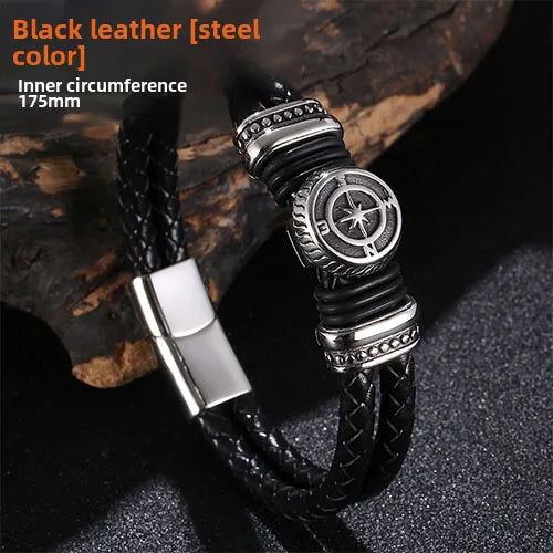 new  men's double leather woven titanium steel bracelet Viking stainless steel DIY leather rope bracelet chain