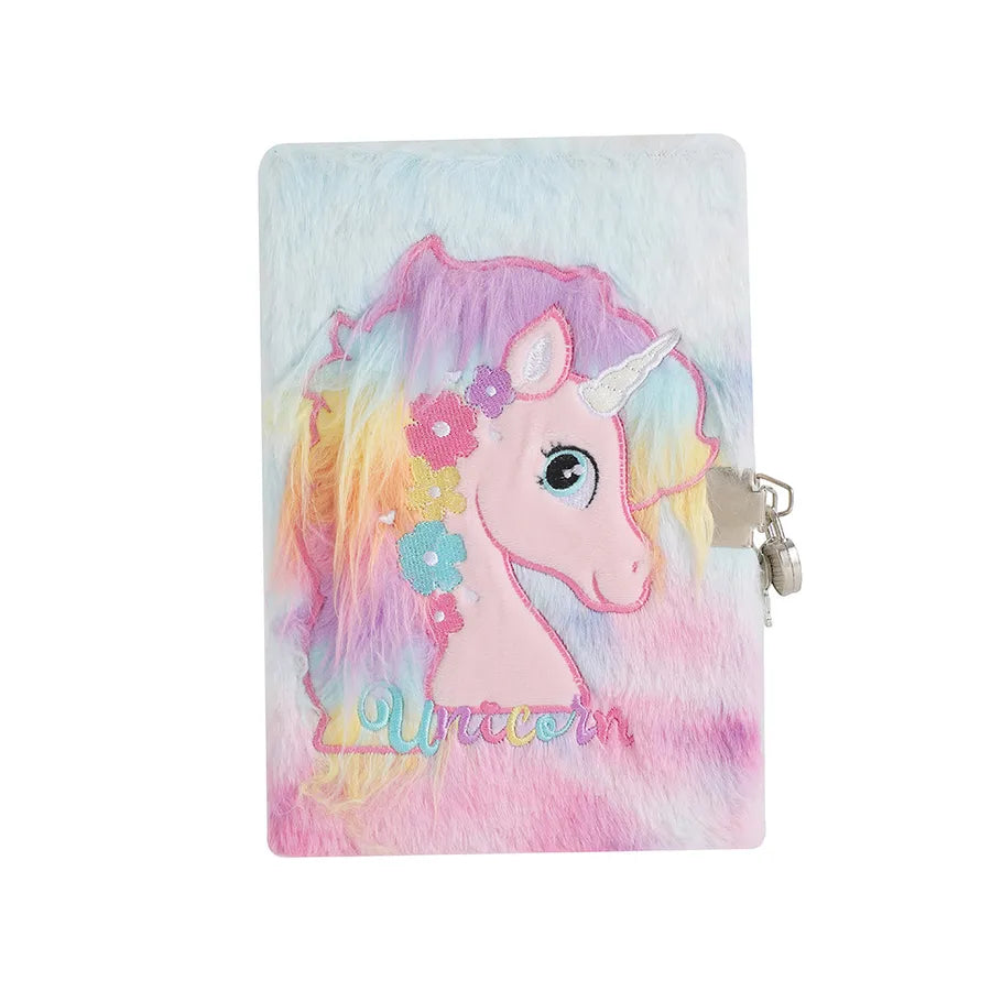 Cute  A5 Cartoon Plush Notebook With Lock Children's Diary Book Girl's Scrapbooking Notebook Pink Purple Tie Dye