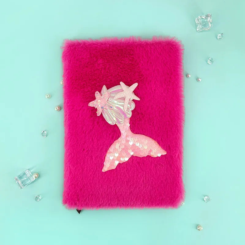 Mermaid Tail Shiny Sequin Plush Notebook A5 Size 80 Pages Cute Cartoon Style Memory Book Diary Gift For Girls