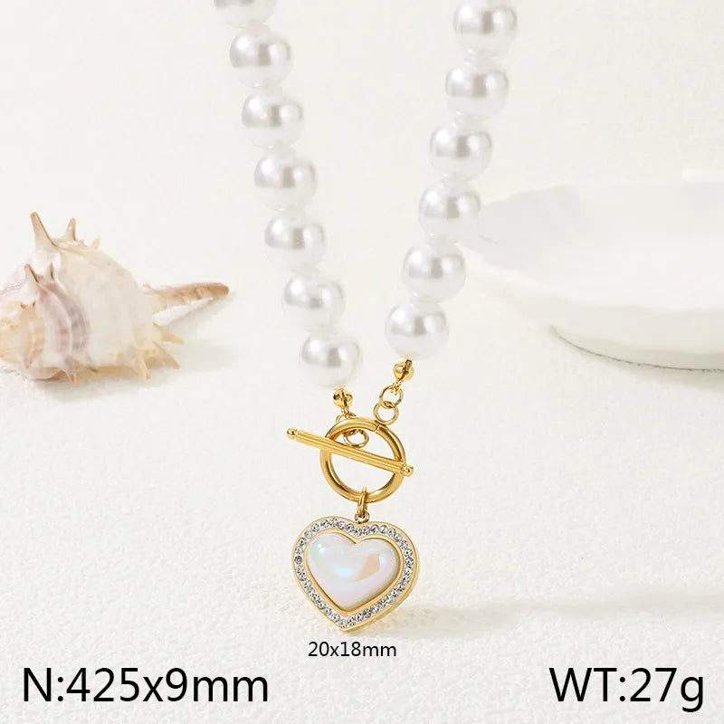 Wholesale Jewelry IG Style Retro New Style Starfish Conch Heart Shape 304 Stainless Steel 18K Gold Plated Beaded Chain Necklace