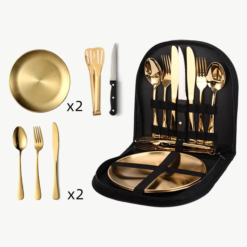 Outdoor travel stainless steel tableware camping picnic barbecue plate clip steak knife, fork and spoon suit portable storage bag