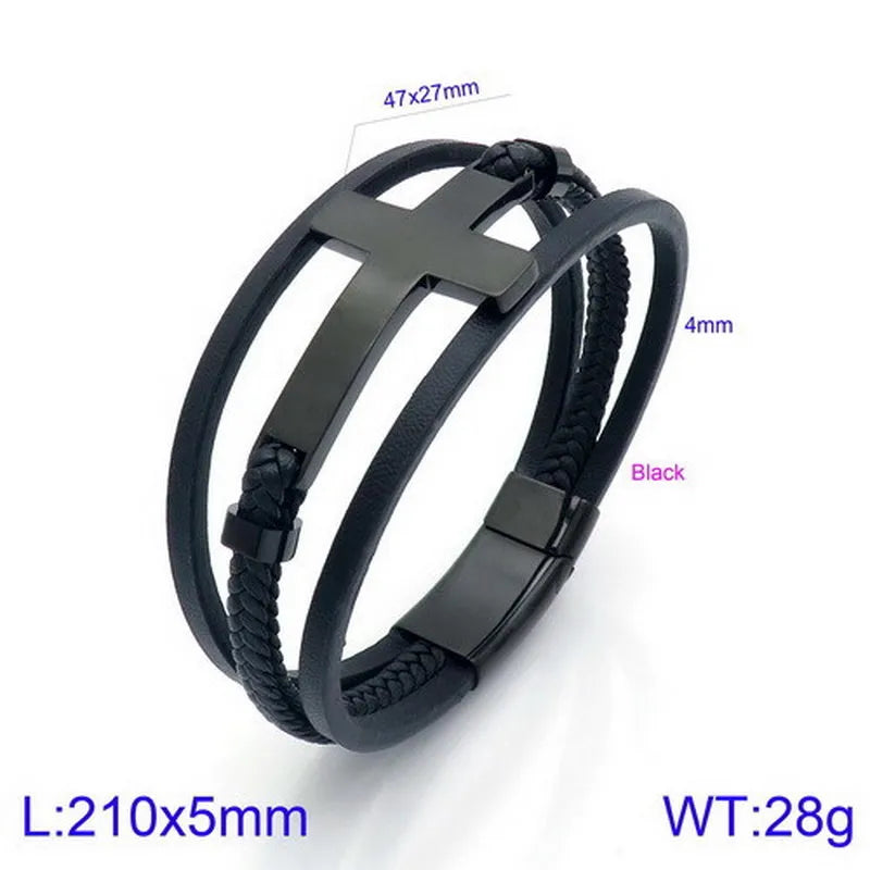 Hip-Hop Retro Cross Pu Leather Titanium Steel Plating 18K Gold Plated Men's Bracelets