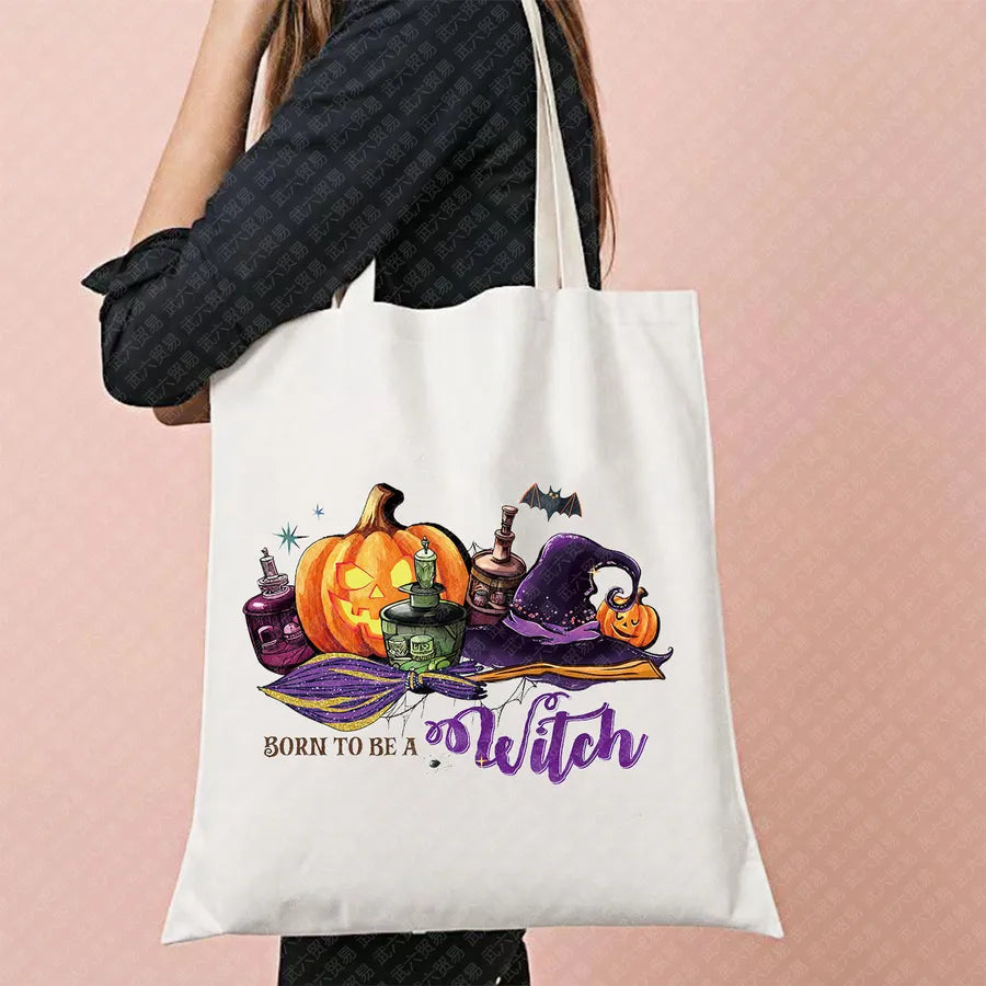 Halloween Movie Pattern Canvas Tote Bag Reusable Shopping Shoulder Bag Travel Large Square Printed Handbag Retro Style Women