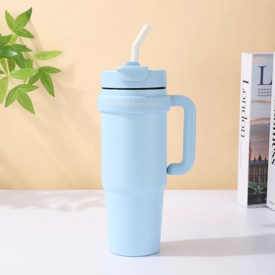 Giant 30Oz Handle Cup, 304 Stainless Steel Thermos Cup, Car Double Drinking Straw Large Ice Cup
