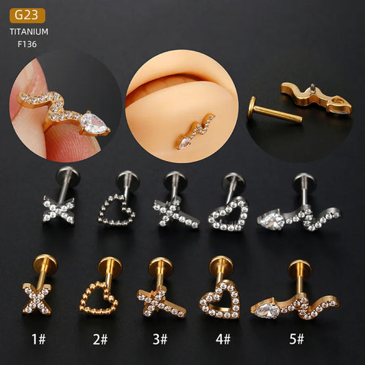 1 Piece Lip Rings Casual Punk Simple Style Cross Letter Heart Shape Titanium Alloy Polishing Plating Zircon 18K Gold Plated Lip Rings Ear Cartilage Rings & Studs