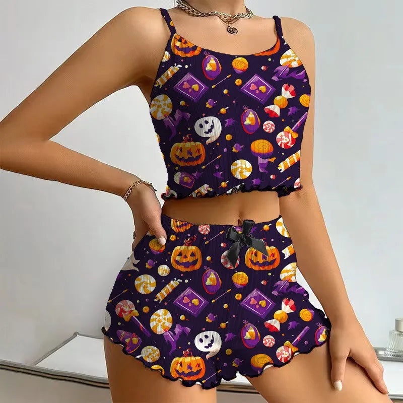 Halloween  Printed Sleeveless Sling Top Women's Suit Spice Girls Short Sexy Sling Sling Shorts for Hair