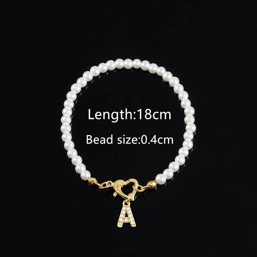 Elegant Classic Style Letter Heart Shape Zircon Artificial Pearl Copper Beaded Chain Beaded Bracelets Wholesale