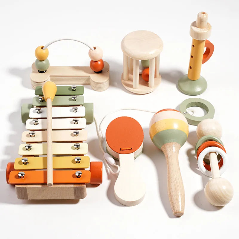 Wooden Rattles Set Baby Early Education Intelligence Training Toys Gripping Practice Orff Instruments Soothing Playthings