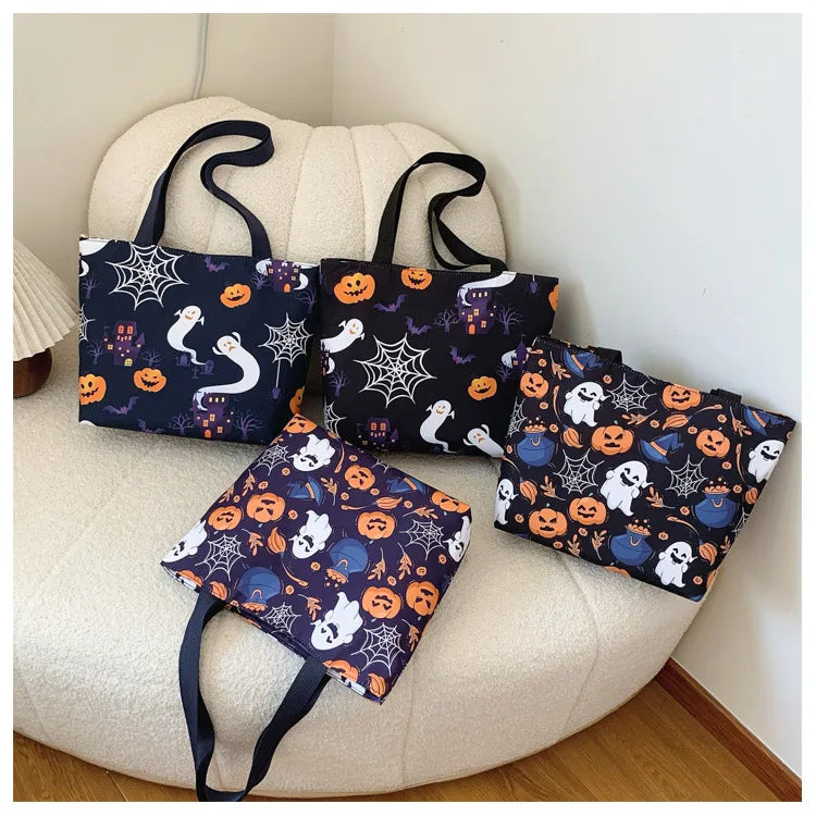 Halloween High Capacity Tot Bag Pumpkin Witch Casual Single Shoulder Bucket Shape Zipper Closure Nylon Material Street Style