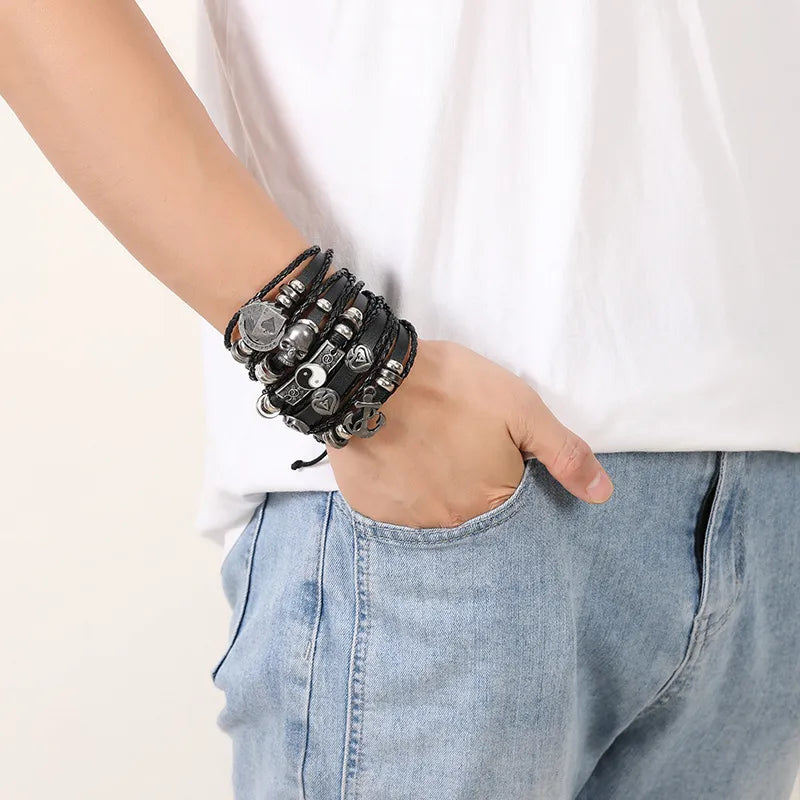 Vintage Style Gossip Skull Pu Leather Alloy Woven Chain Wrap Bracelets Wholesale