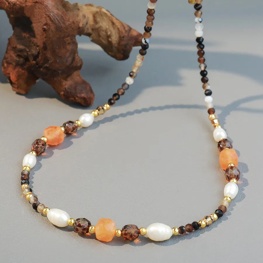 Elegant Vacation Ethnic Style Irregular Round natural stone Freshwater Pearl Copper 18K Gold Plated Necklace In Bulk