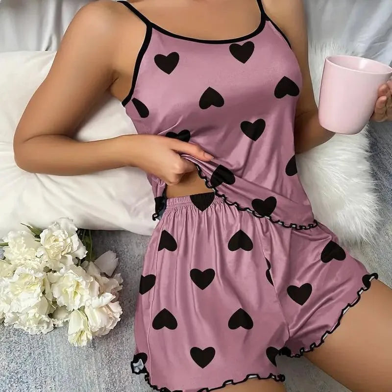 Summer  Casual Sexy Small Sling Love Printed Shorts Two-piece Home Clothes for Women