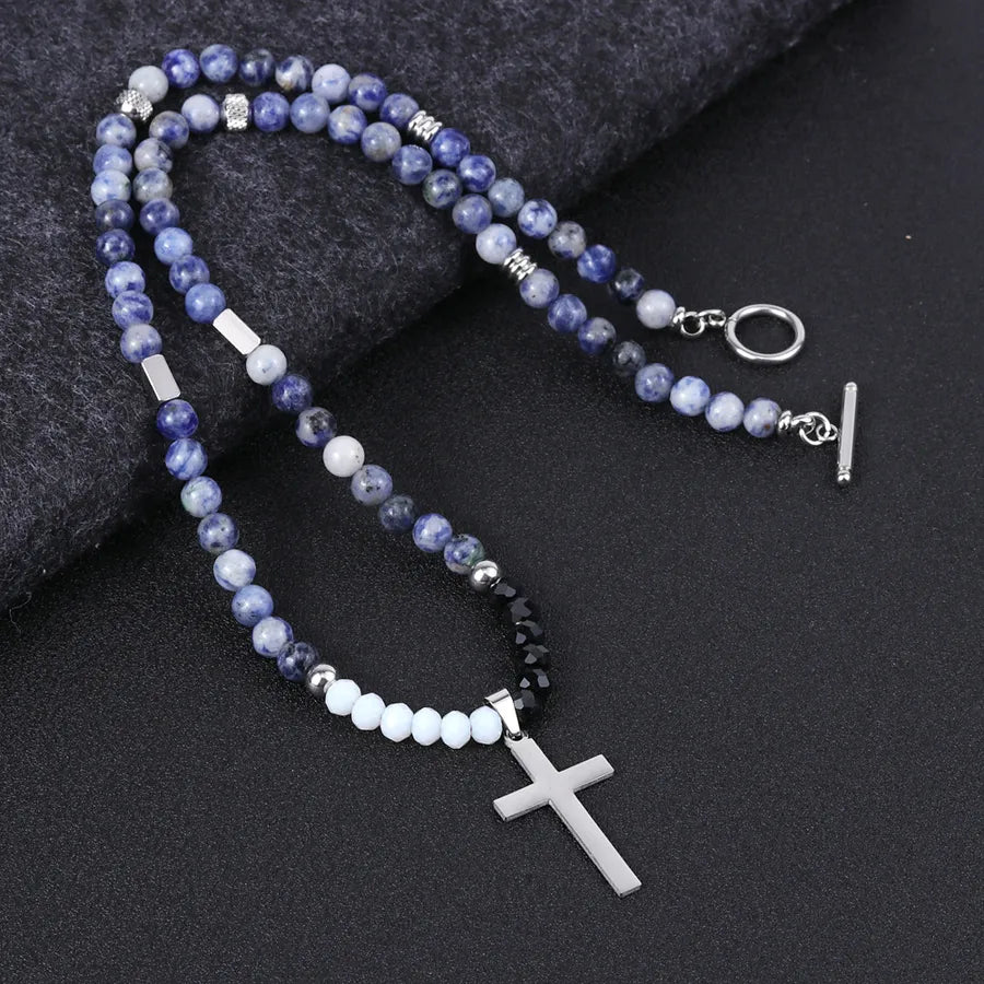 Simple Style Classic Style Cross natural stone Titanium Steel Beaded Polishing Men's Pendant Necklace