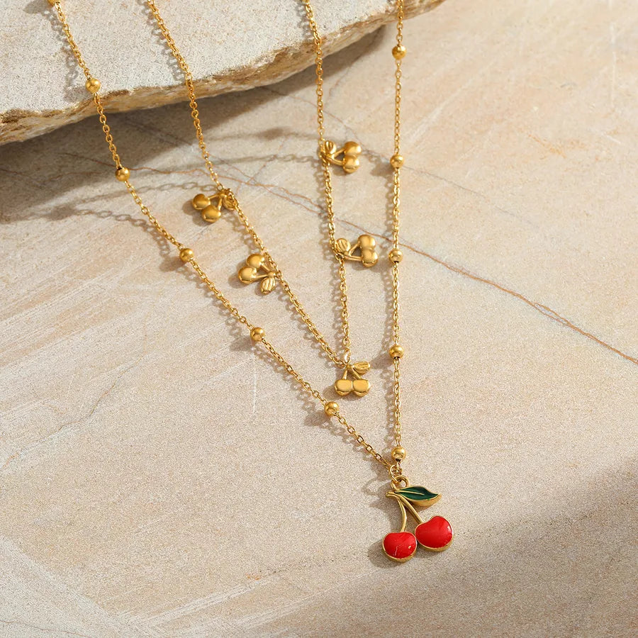 Wholesale Jewelry Casual Elegant Cute Cherry 304 Stainless Steel 18K Gold Plated Epoxy Plating cable chain Double Layer Necklaces Multi Charms Necklace