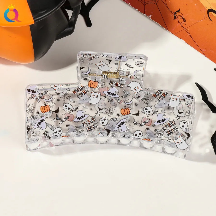 Halloween Ghost Pumpkin Print Hair Clip Women's Fashion Hair Grips Square Design Plastic Headwear Simple Style Hair Accessories