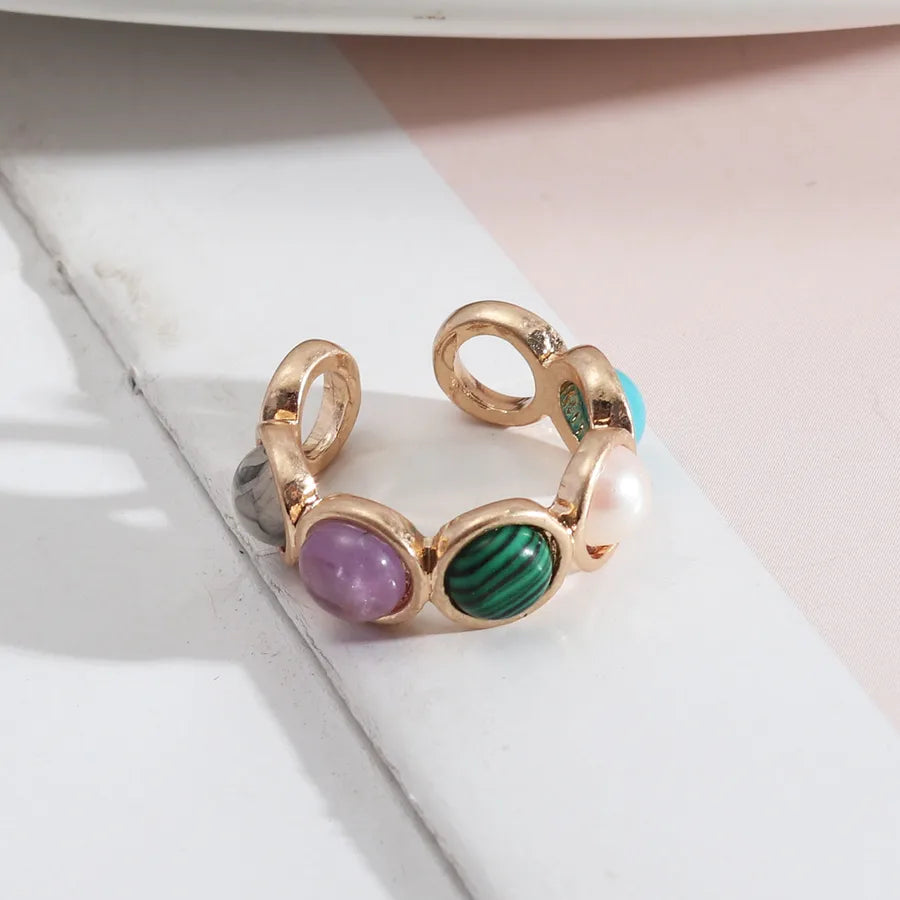 1 piece retro round alloy inlay natural stone resin pearl women's open ring