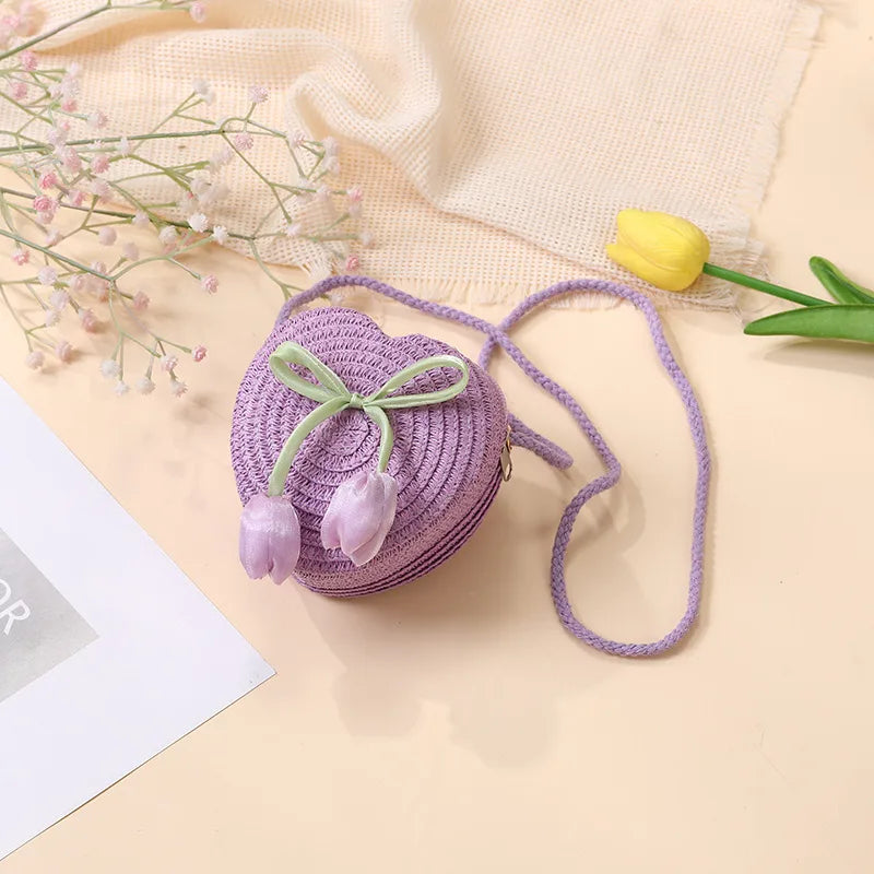 Summer Beach Seaside Tulip Straw Woven Bag  New Children Flower Straw Bag Mobile Phone Crossbody Bag