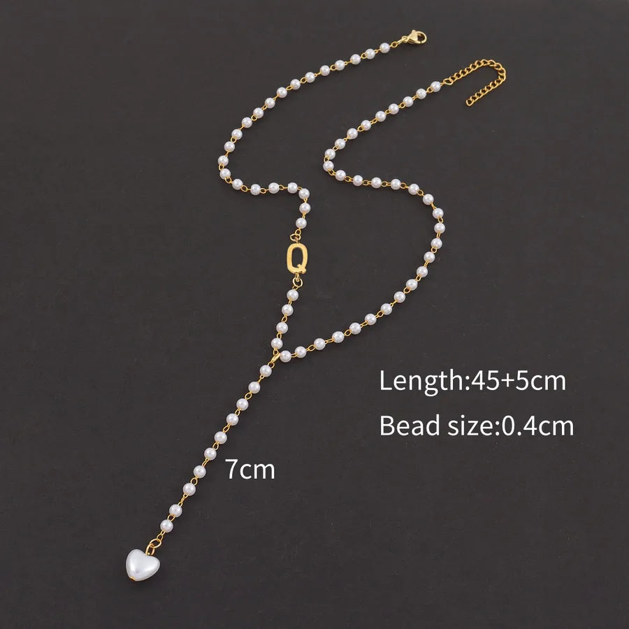 Casual Simple Style Classic Style letter Heart Shape 304 Stainless Steel Artificial Pearl Beaded Chain Y-necklaces Wholesale