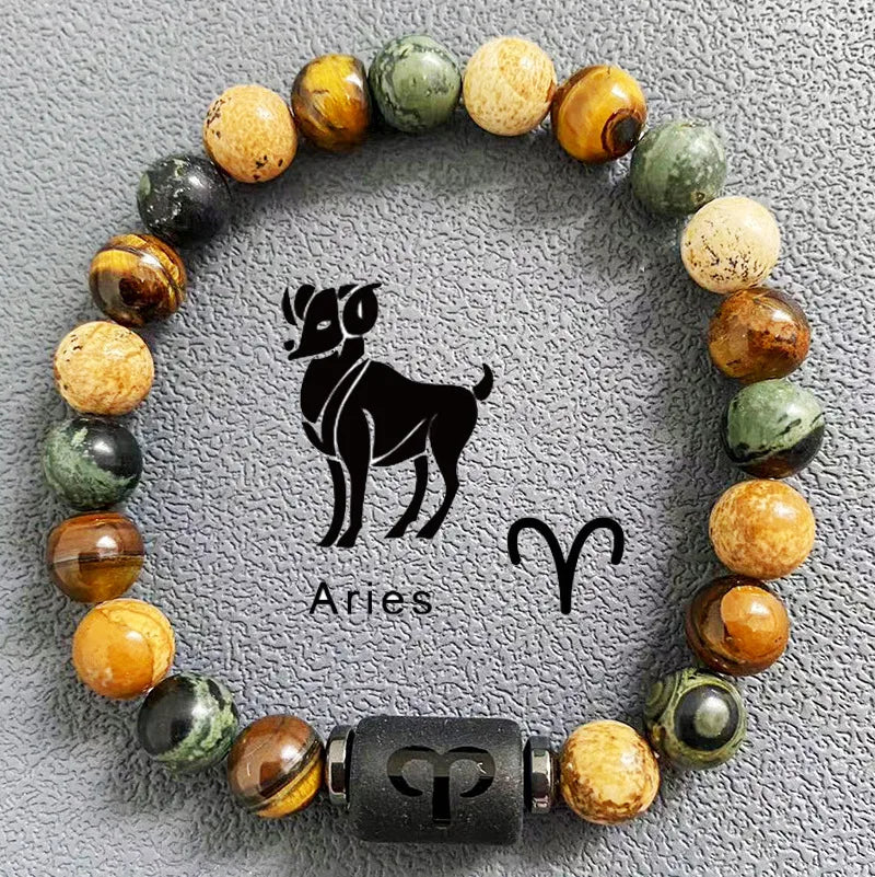 Twelve Constellation Natural Stone Beads Bracelet Hot Selling Tiger Eye Stone Picture Stone Mix and Match Couple Beads Bracelet