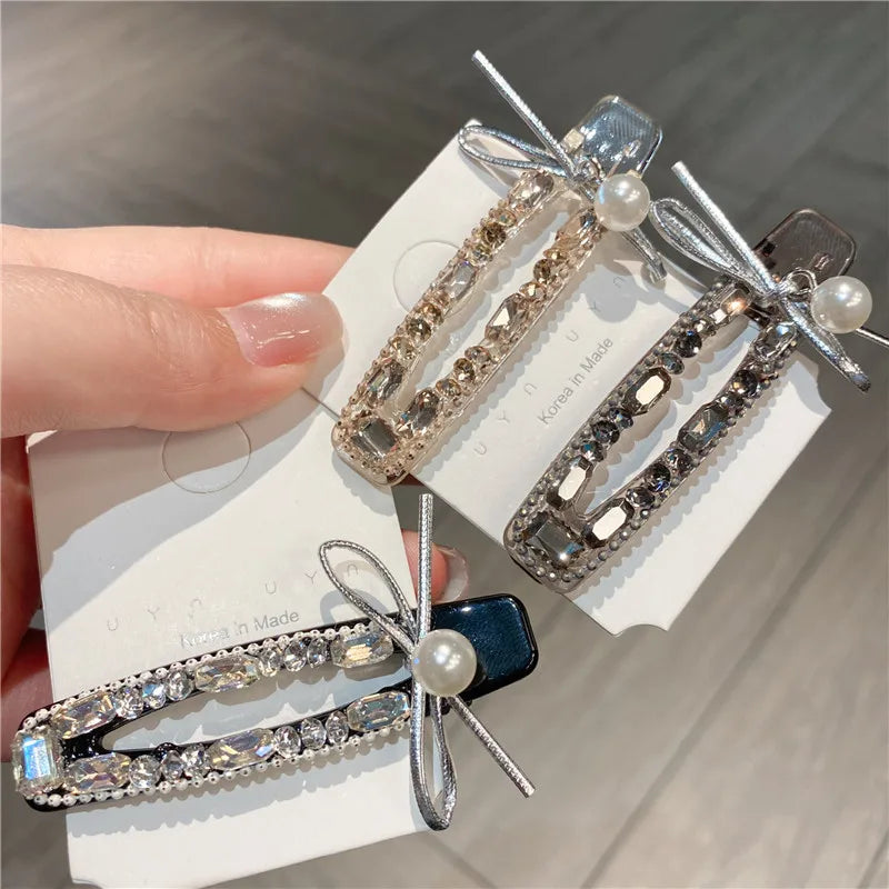 New Elegant Zircon Diamond Hair Clip High-End Silver Butterfly Knot Pearl Rhinestone Edge Duckbill Hair Clip Women's Headwear