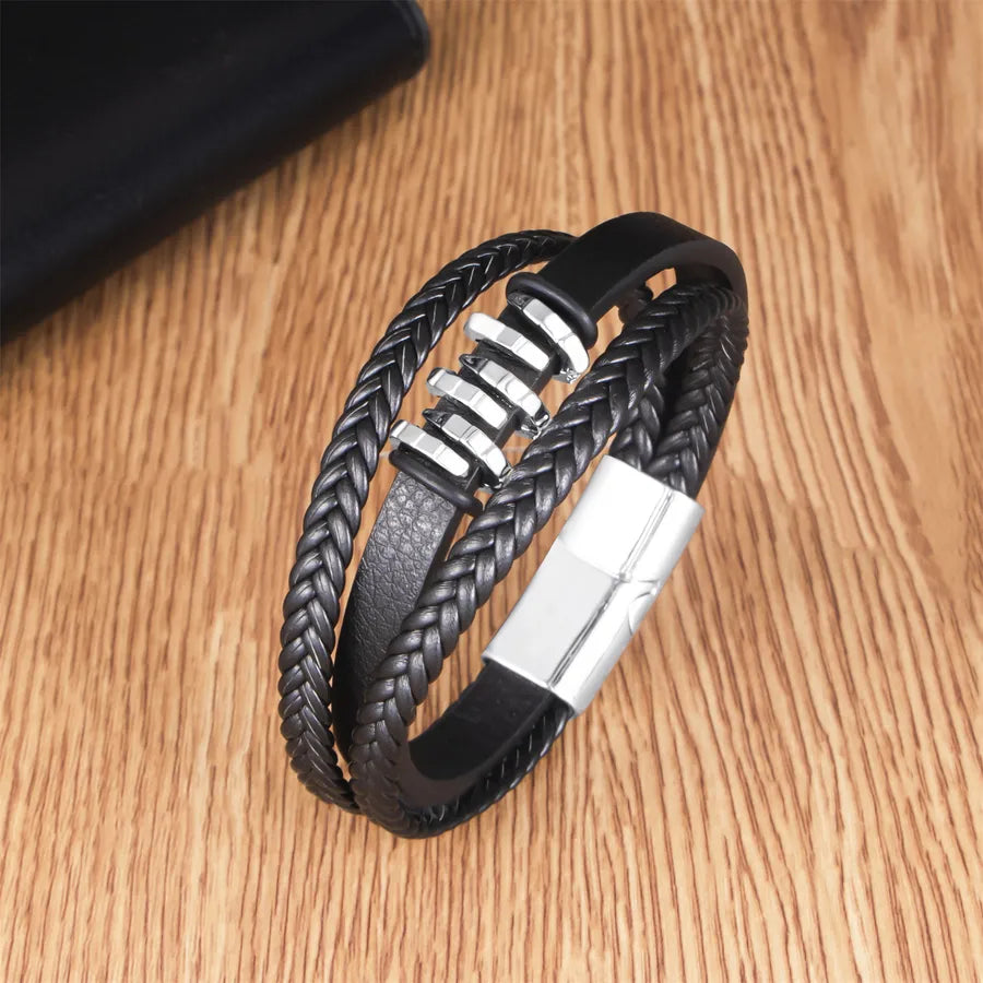 Retro Punk Solid Color 304 Stainless Steel Pu Leather Men's Bangle Men Cord & Leather Bracelets