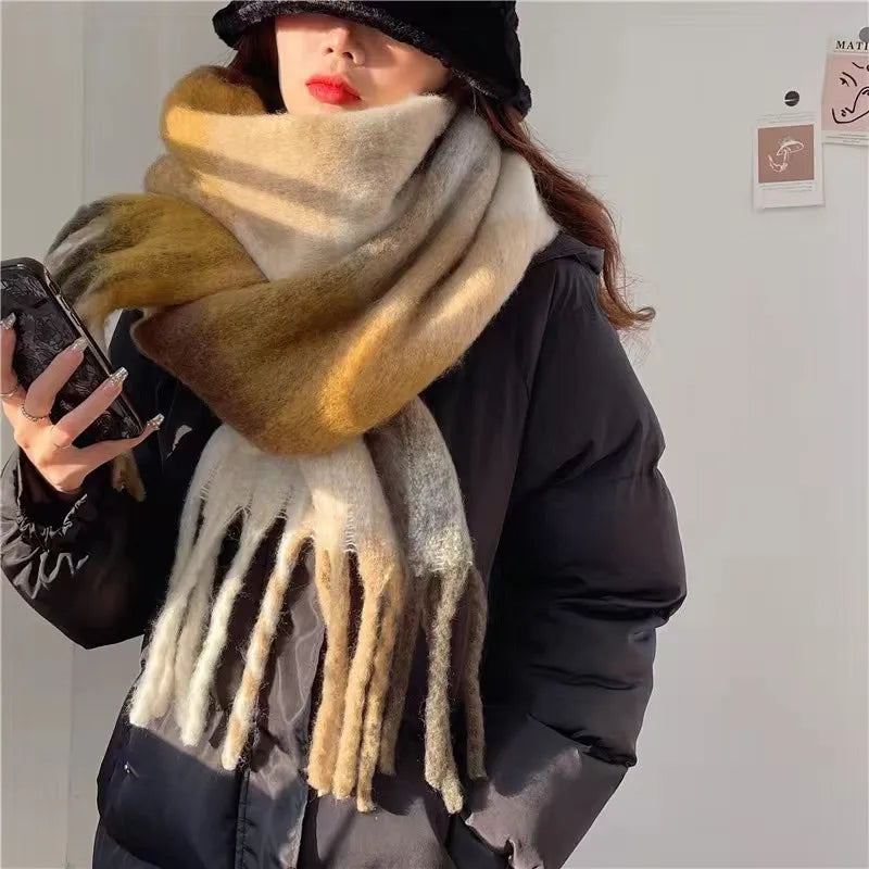 women's simple style lattice imitation cashmere tassel scarf