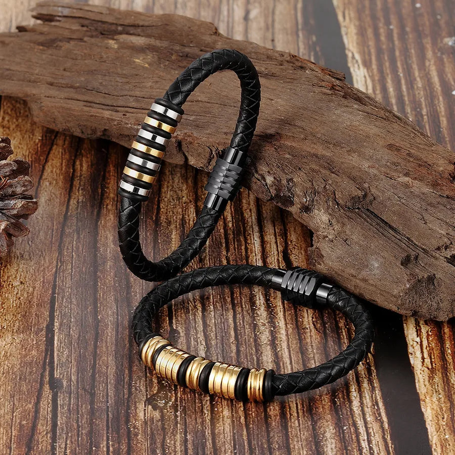 Retro Geometric Pu Leather Titanium Steel Woven Chain Wrap Bracelets Wholesale